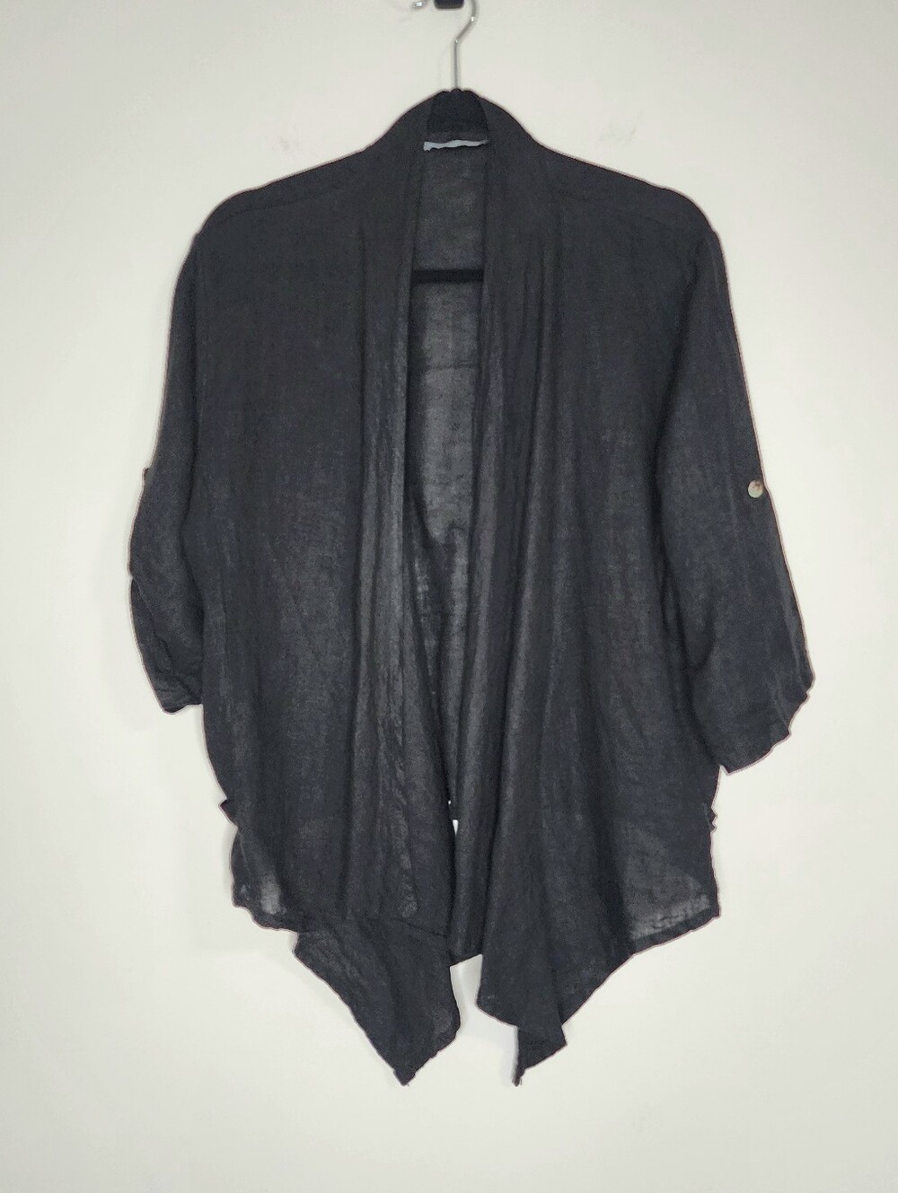 Gigi Moda 100% Linen Black Open Front Lightweight Draped Cardigan Kimono Large